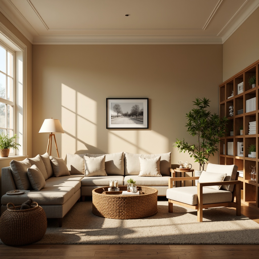 Prompt: Cozy living room, warm beige walls, plush furniture, soft cushions, ambient floor lamps, table lamps with linen shades, dimmable LED lights, golden metal accents, creamy white ceiling, natural wood flooring, woven baskets, vintage decorative items, greenery, morning sunlight, gentle warm glow, 1/2 composition, shallow depth of field, realistic textures.