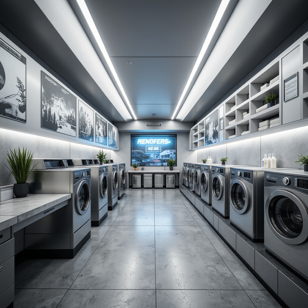 Prompt: Futuristic laundry room, minimalist decor, sleek metal appliances, stainless steel countertops, monochromatic color scheme, indirect soft lighting, LED strips, ambient occlusion, shallow depth of field, 3/4 composition, panoramic view, realistic textures, retro-futuristic accents, neon-lit signs, futuristic typography, industrial-style shelving, polished concrete floors, abstract geometric patterns, bold black lines, crisp white surfaces, modernist architecture, sustainable energy solutions, automated laundry systems.