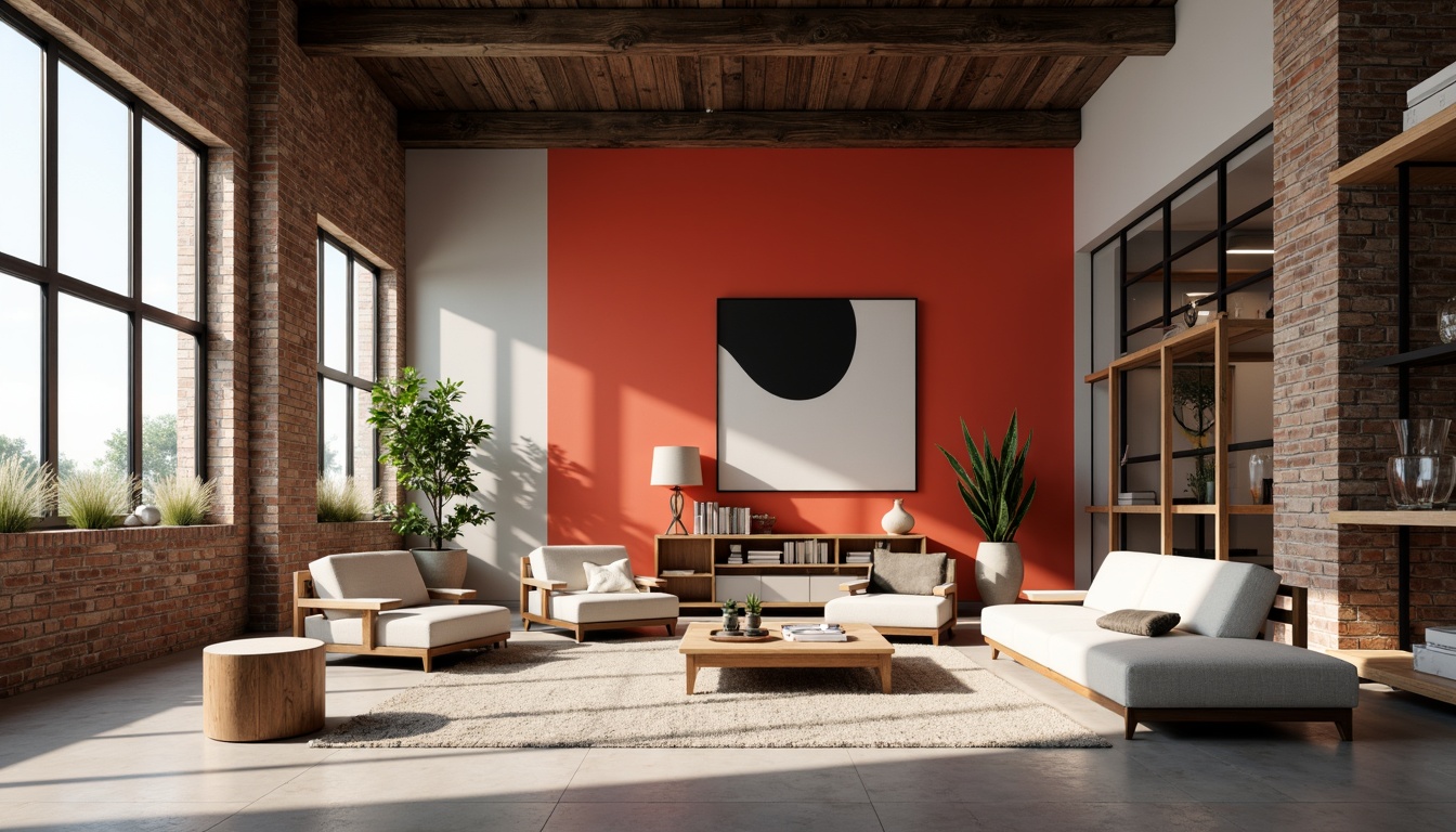 Prompt: Bauhaus interior, minimalist decor, geometric shapes, bold color blocking, industrial materials, exposed brick walls, polished metal accents, sleek wooden furniture, abstract artwork, natural light pouring, dramatic shadows, high ceilings, open floor plans, functional simplicity, architectural lines, primary color palette, graphic patterns, brutalist textures, dynamic spatial relationships, 1-point perspective, atmospheric lighting, shallow depth of field.