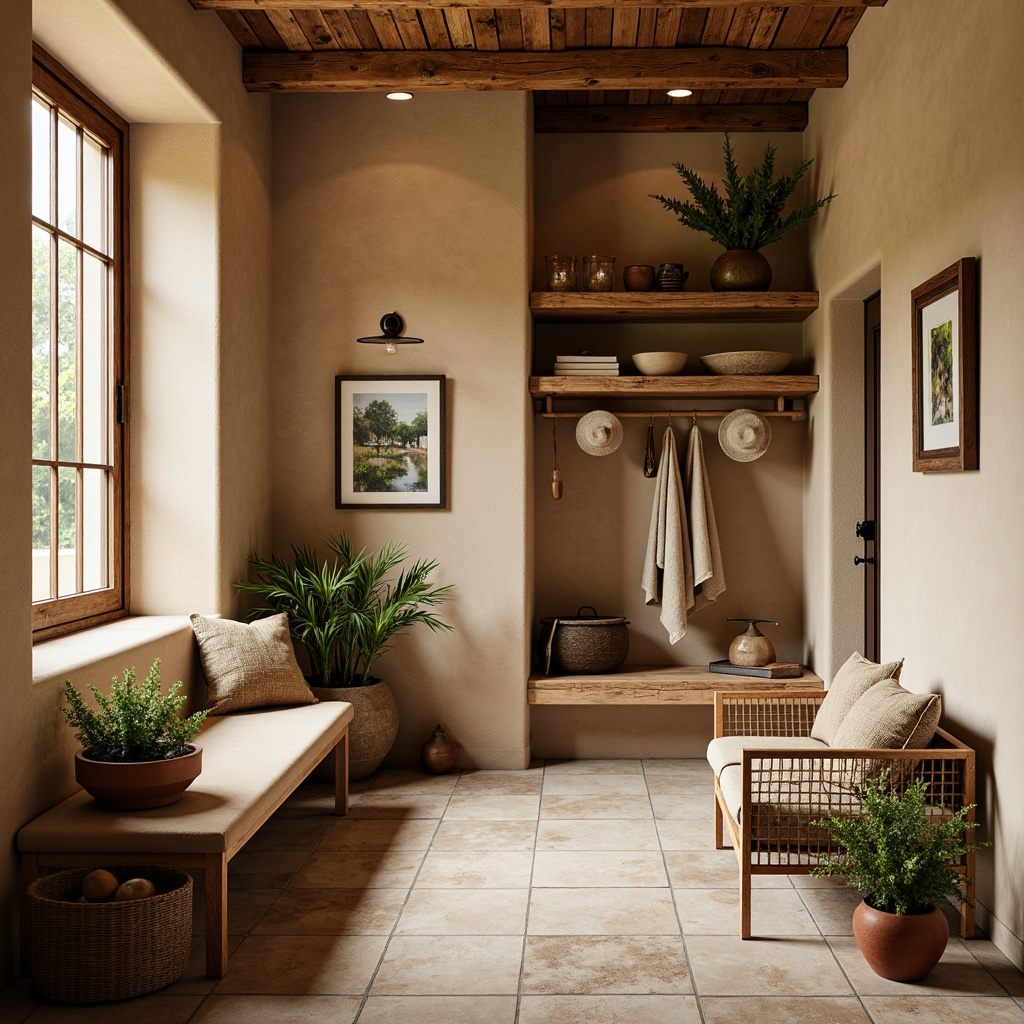 Prompt: Earthy mudroom, warm beige walls, natural stone floors, reclaimed wood accents, woven wicker furniture, earthy terracotta pots, organic plant life, soft warm lighting, shallow depth of field, 3/4 composition, rustic metal decor, vintage outdoor gear, natural fiber textiles, woven baskets, distressed wood shelves, cozy reading nook, nature-inspired artwork, serene atmosphere.