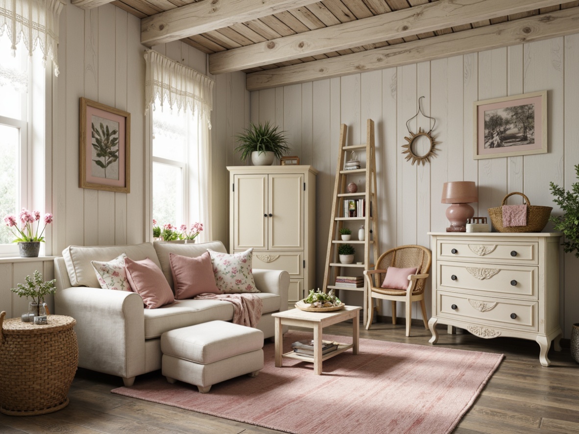 Prompt: Distressed vintage furniture, soft pastel colors, floral patterns, lace trimmings, rustic wood accents, creamy whites, feminine touches, delicate carvings, ornate metalwork, plush area rugs, billowy curtains, natural fabrics, woven baskets, antique hardware, distressed finishes, warm lighting, cozy reading nooks, whimsical wall art, playful kid-friendly decor.