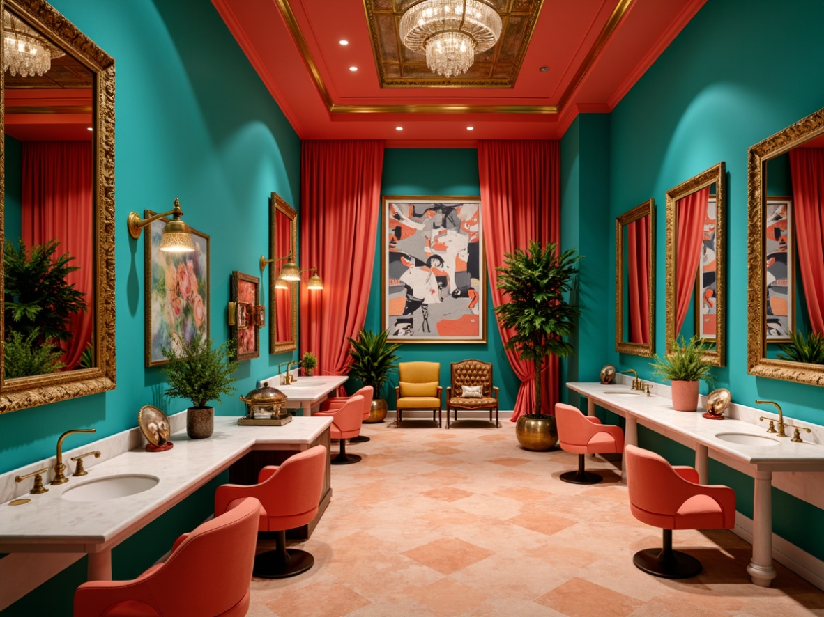 Prompt: Vibrant turquoise walls, bold coral accents, rich gold fixtures, creamy white marble countertops, soft peach-toned flooring, eclectic mix of geometric patterns, ornate mirrors, luxurious velvet drapes, antique brass hardware, dramatic lighting effects, moody shadows, abstract expressionist artwork, whimsical decorative accessories, lavish textiles, opulent furnishings, intimate ambiance, warm golden glow, 1/2 composition, cinematic angle, shallow depth of field.