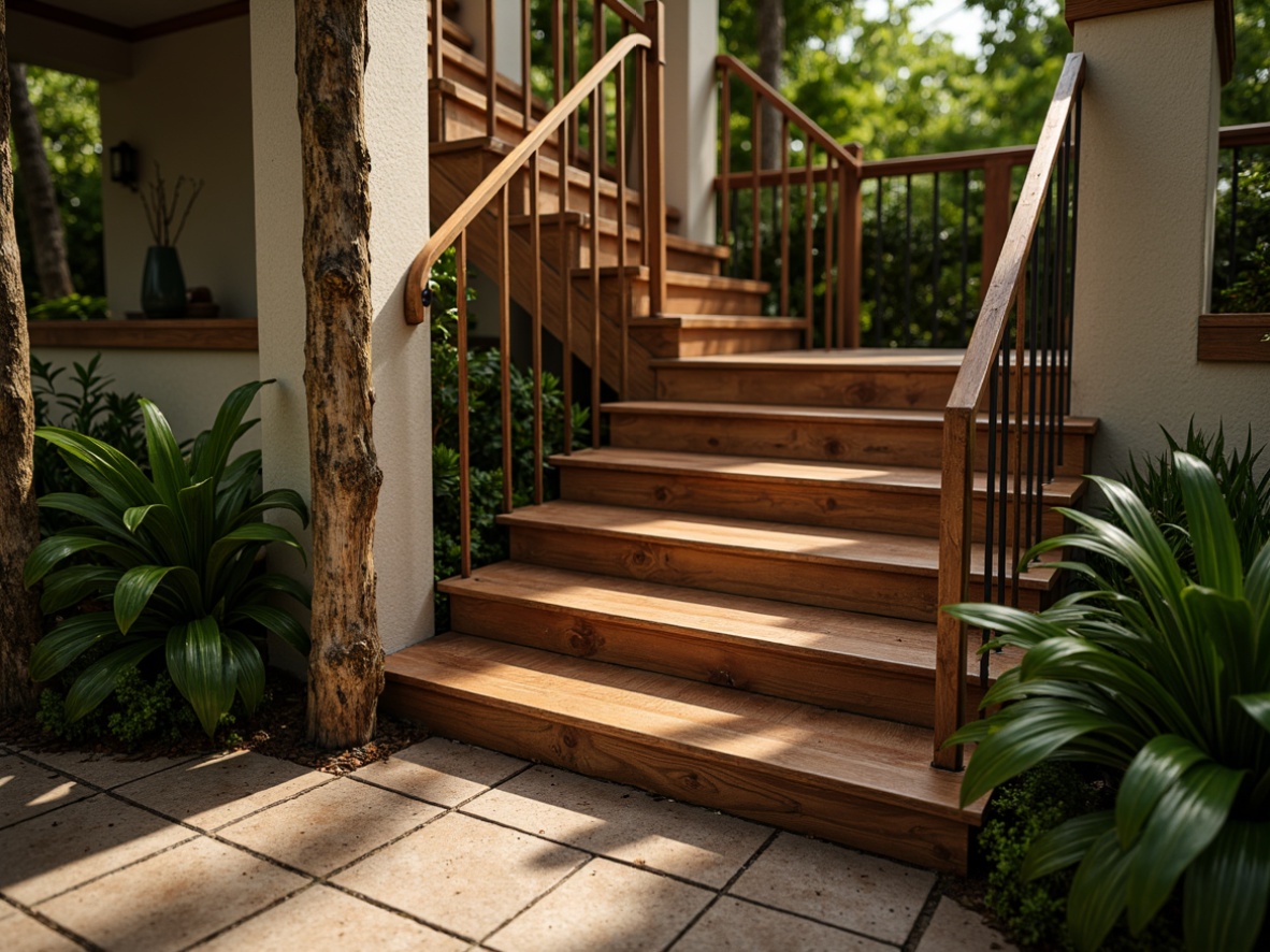 Prompt: Tropical staircase, exotic hardwood treads, polished wooden handrails, ornate metal balusters, lush greenery surroundings, natural stone walls, warm ambient lighting, soft focus blur, 1/1 composition, realistic textures, rich wood grain details, subtle color palette, earthy tone accents, durable and slip-resistant materials, sustainable forestry practices, eco-friendly finishing options.