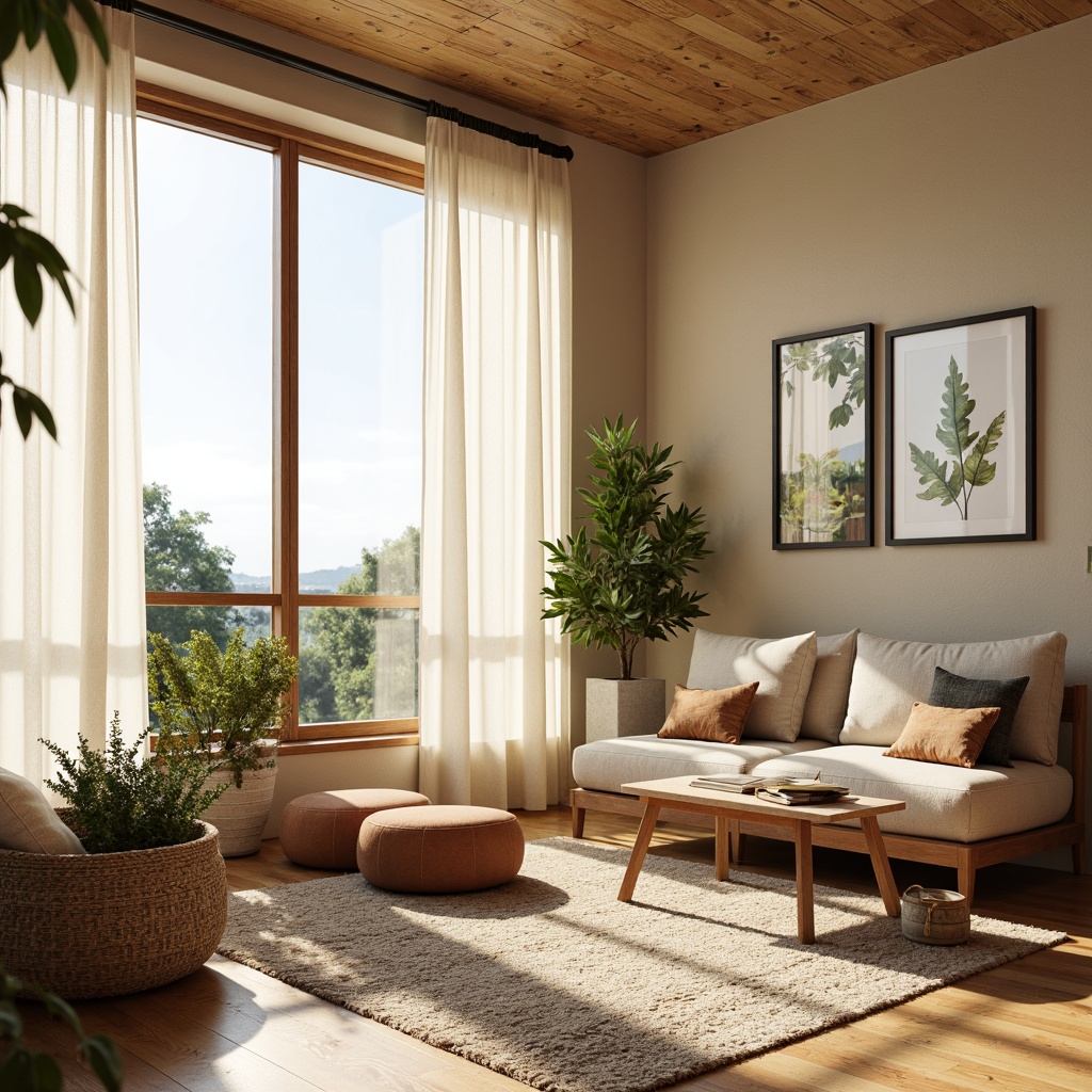 Prompt: Vibrant living room, floor-to-ceiling windows, sheer white curtains, wooden floors, modern minimalist furniture, natural stone walls, warm beige colors, soft diffused lighting, afternoon sunbeams, cozy reading nook, plush area rug, greenery plants, botanical patterns, abstract artwork, gentle shadows, shallow depth of field, 1/1 composition, realistic textures, ambient occlusion.