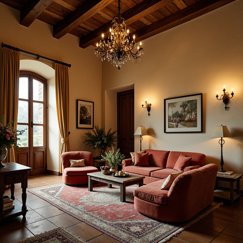 Prompt: Cozy villa interior, traditional Tuscan style, textured stone walls, warm beige color palette, rustic wooden beams, ornate chandeliers, plush velvet furnishings, intricate carved wood details, vintage decorative accents, soft warm lighting, shallow depth of field, 1/2 composition, intimate atmosphere, earthy tones, natural materials, elegant drapery, refined patterns, subtle ornaments.