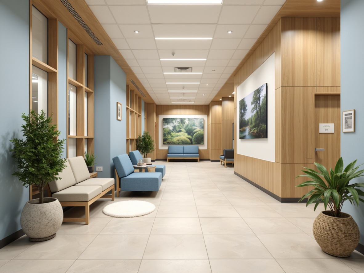 Prompt: Calm healthcare facility, soothing pastel colors, gentle earth tones, natural wood accents, serene blue hues, comforting greenery, peaceful waiting areas, warm beige corridors, soft indirect lighting, minimalist decorative elements, simple typography, clean lines, modern furniture designs, calming ambiance, reduced stress environments, emotional well-being focused, patient-centric care settings, healing-oriented color schemes, nature-inspired artwork, gentle contrast ratios, 1/1 composition, shallow depth of field, realistic textures.