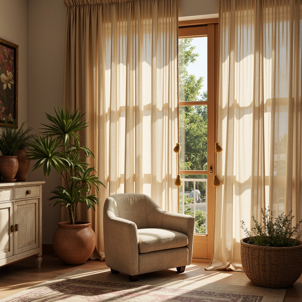 Prompt: Warm beige fabrics, natural linen textures, classic stripe patterns, subtle floral motifs, soft velvet drapes, golden tassel accents, distressed wood furniture, vintage metal hardware, earthy terracotta pots, lush greenery, sun-kissed ambiance, warm morning light, shallow depth of field, 1/2 composition, realistic fabrics, ambient occlusion.