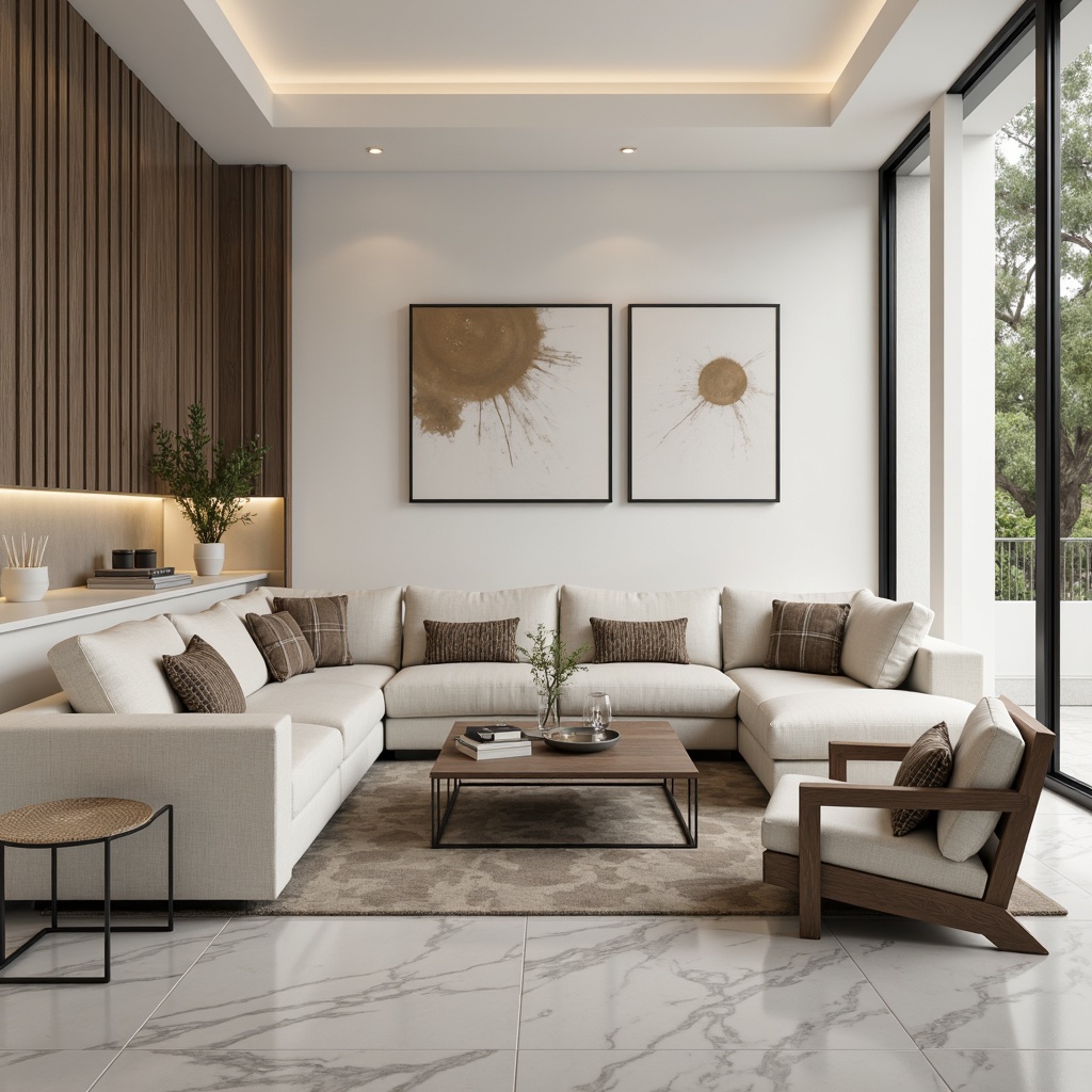 Prompt: Modern living room, neutral tones, creamy whites, soft grays, taupe accents, bold black lines, minimal ornamentation, sleek low-profile furniture, polished chrome legs, luxurious marble flooring, subtle texture contrasts, ambient warm lighting, shallow depth of field, 3/4 composition, realistic rendering, high-end finishes.