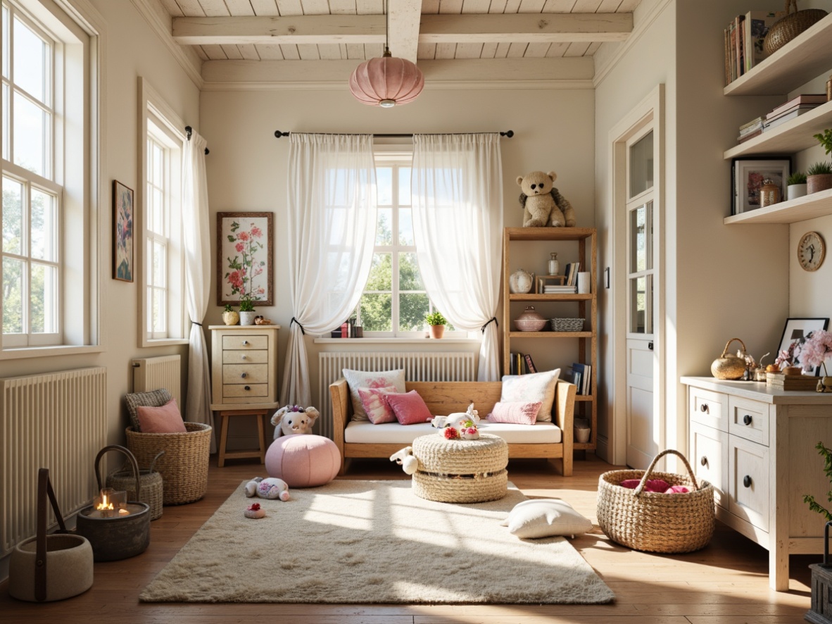 Prompt: Whimsical kids' room, distressed wooden furniture, soft pastel colors, vintage floral patterns, lace curtains, antique toys, porcelain dolls, woven baskets, rustic metal lanterns, fluffy area rugs, cream-colored walls, natural light, warm cozy atmosphere, shallow depth of field, 1/1 composition, realistic textures, ambient occlusion.