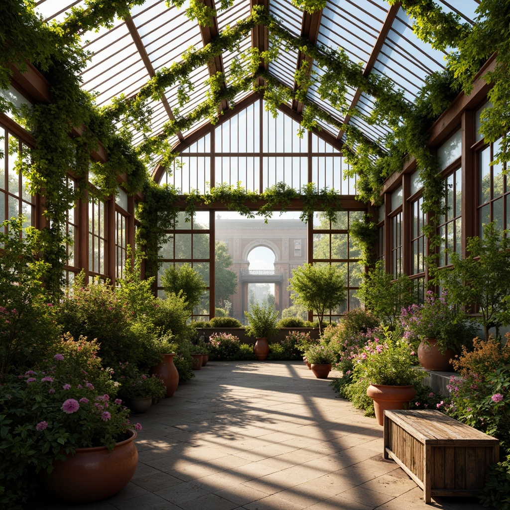 Prompt: Elegant Victorian-style greenhouse, lush green foliage, exotic flowers, delicate vines, ornate iron frames, stained glass roofs, warm soft lighting, afternoon sunbeams, dappled shadows, rustic wooden benches, distressed metal planters, earthy terracotta pots, misty atmosphere, ambient occlusion, shallow depth of field, 3/4 composition, realistic textures, romantic ambiance.