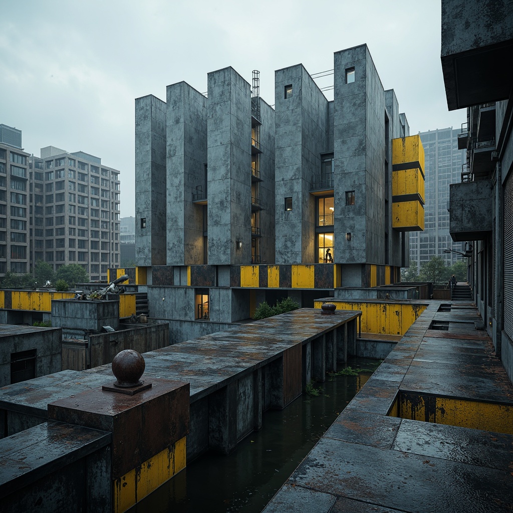 Prompt: Monochromatic brutalist architecture, raw concrete textures, industrial materials, bold color accents, vibrant yellow highlights, deep blue undertones, rusted metal details, geometric shapes, fortress-like structures, urban cityscape, overcast sky, dramatic shadows, high-contrast lighting, abstract composition, cinematic atmosphere, gritty realism, weathered surfaces.