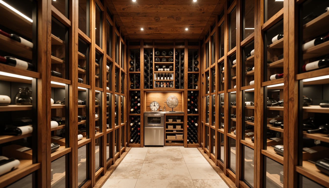 Prompt: Climate-controlled wine cellar, temperature range 12-15\u00b0C, humidity level 50-60%, oak wood shelving, glass encased wine racks, dimmable LED lighting, soft warm ambiance, precise temperature monitoring, automated cooling systems, insulated walls and floors, advanced humidification systems, elegant wooden doors, sophisticated climate management, subtle aromas, refined interior design, luxurious finishes, high-end appliances, serene atmosphere, realistic textures, shallow depth of field, 3/4 composition, panoramic view.