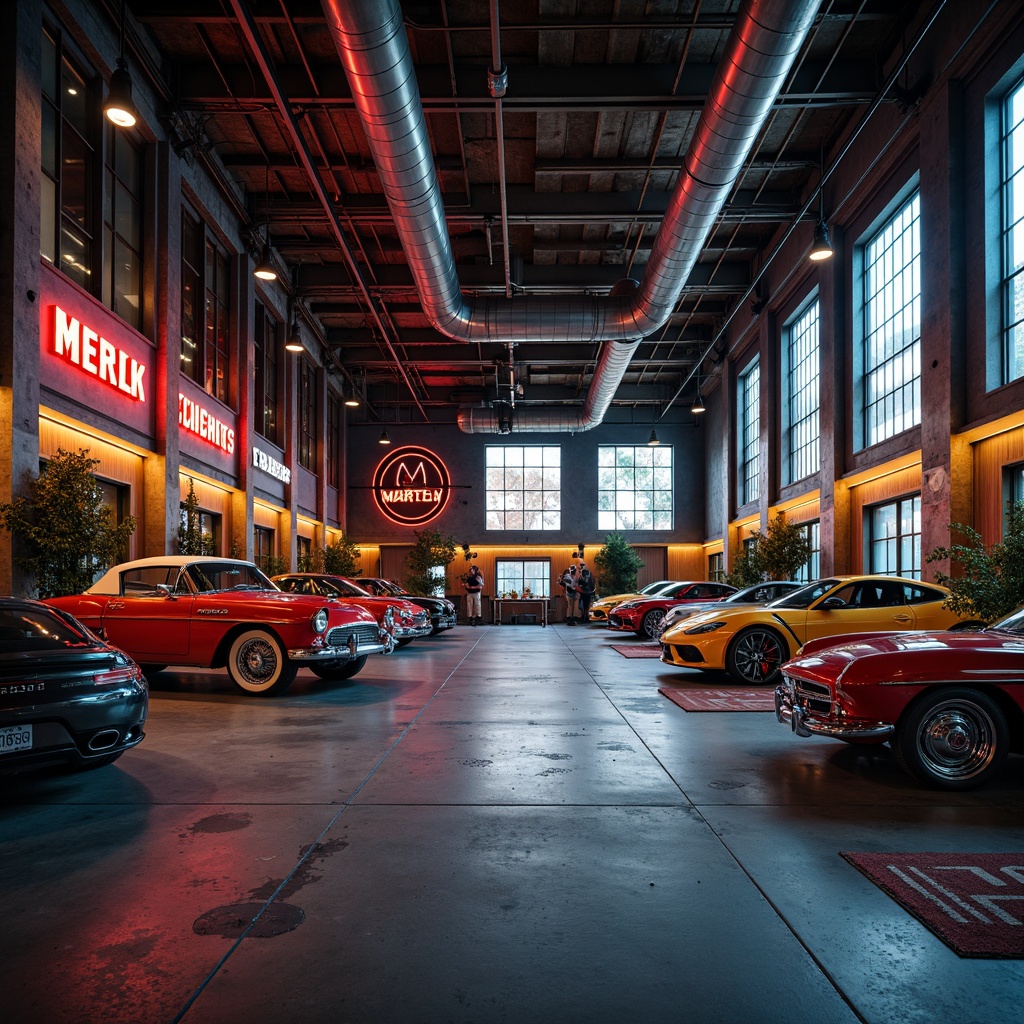 Prompt: Industrial garage interior, exposed ductwork, metal beams, concrete floors, rustic wooden accents, vintage car displays, neon signage, bold color scheme, deep blues, fiery reds, metallic silvers, warm golden lighting, dramatic shadows, high contrast ratio, dynamic composition, gritty textures, ambient occlusion.