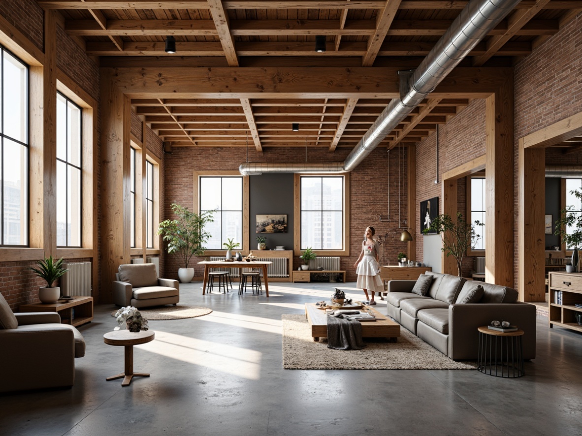 Prompt: Industrial-chic loft interior, exposed wooden beams, reclaimed wood accents, metal ductwork, brick walls, polished concrete floors, minimalist decor, modern furniture pieces, urban aesthetic, natural light pouring in, airy atmosphere, soft warm lighting, shallow depth of field, 3/4 composition, realistic textures, ambient occlusion.