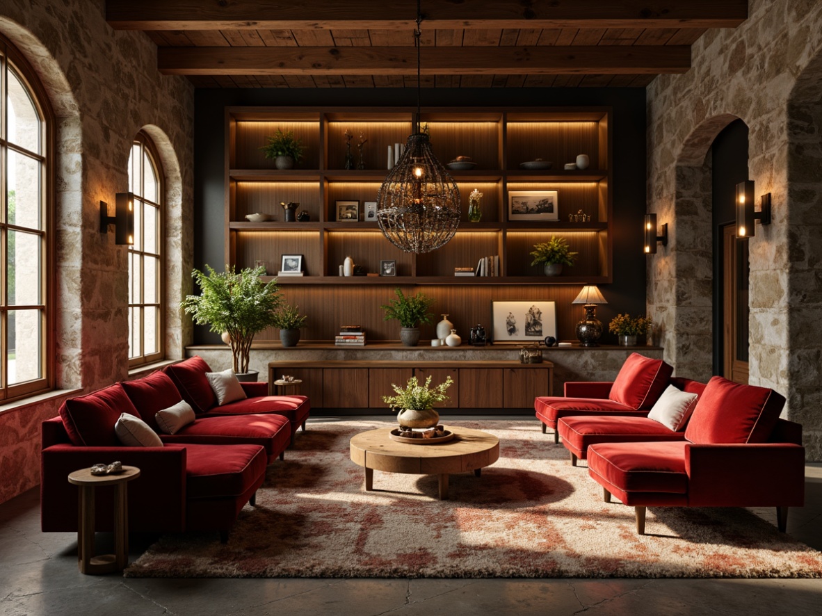 Prompt: Luxurious velvet fabrics, polished metallic accents, rough-hewn stone walls, smooth glass surfaces, reclaimed wood textures, industrial concrete floors, warm golden lighting, soft focus blur, 1/1 composition, intimate atmospheric mood, rich tactile sensations, bold color contrasts, eclectic mix of vintage and modern elements.