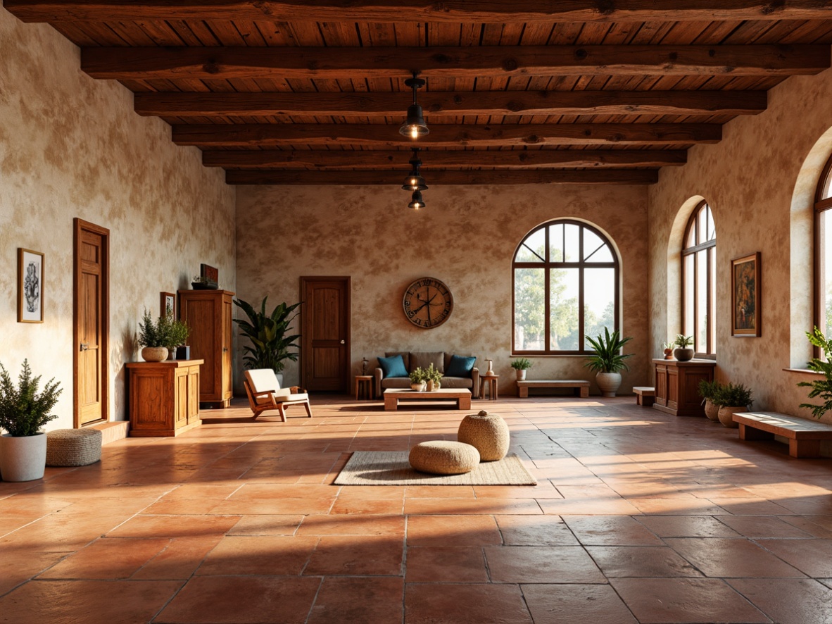 Prompt: Warm terracotta floors, rustic wooden accents, natural stone walls, earthy color palette, Spanish-inspired tiles, ceramic mosaics, distressed wood plank flooring, industrial-style metal beams, reclaimed wood gym equipment, Mediterranean blue hues, soft warm lighting, shallow depth of field, 3/4 composition, panoramic view, realistic textures, ambient occlusion.