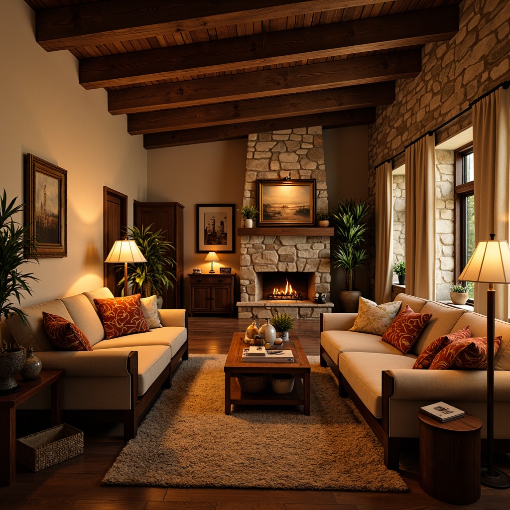 Prompt: Cozy living room, warm ambient lighting, soft glow, table lamps, floor lamps, pendant lights, rustic wooden accents, plush furniture, vibrant throw pillows, natural stone walls, earthy color palette, warm beige tones, inviting textures, comfortable seating areas, intimate conversation spaces, relaxing ambiance, dramatic shadows, 3/4 composition, realistic renderings, ambient occlusion.