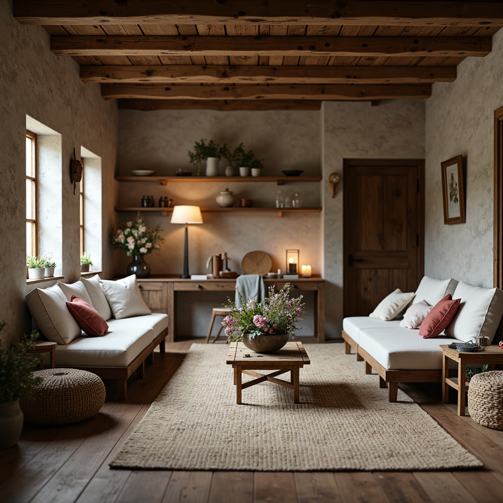 Prompt: Rustic farmhouse, reclaimed wood accents, natural stone walls, earthy color palette, wooden beams, vintage metal decorations, distressed finishes, woven textiles, linen fabrics, organic patterns, botanical elements, wildflower arrangements, warm candlelight, soft diffused lighting, shallow depth of field, 2/3 composition, cozy intimate atmosphere.