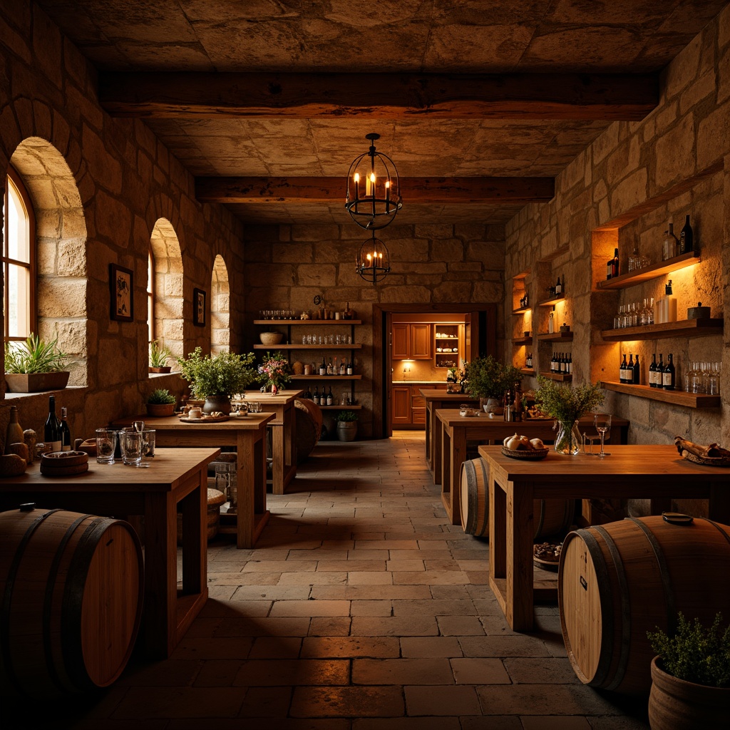 Prompt: Rustic wine cellar, earthy tones, warm golden lighting, soft candlelight, ambient shadows, rich wood textures, stone walls, arched windows, wooden barrels, vintage wine bottles, dimly lit corridors, intimate atmosphere, warm color palette, subtle contrast, 1/1 composition, shallow depth of field, realistic reflections.