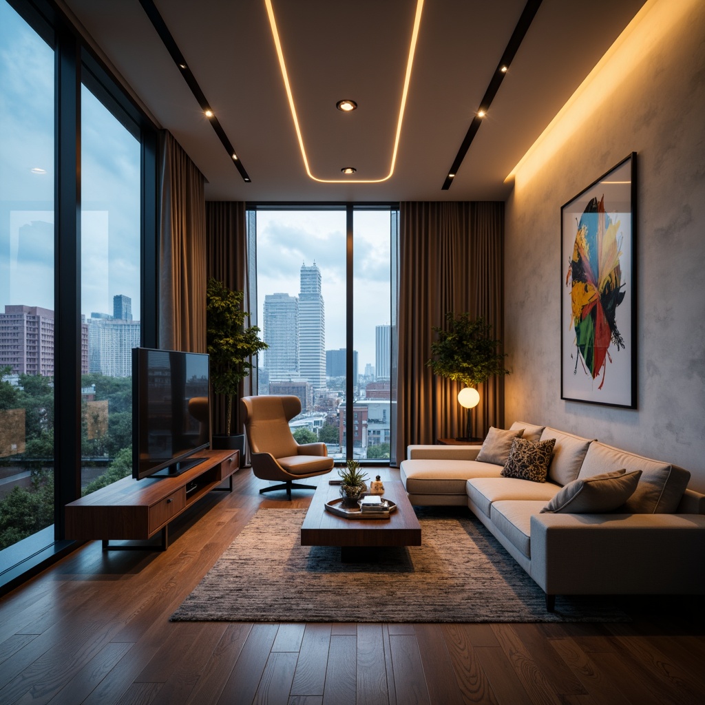 Prompt: Modern living room, sleek furniture, minimal decor, floor-to-ceiling windows, natural light pouring in, warm ambient lighting, LED strip lights, recessed lighting, track lighting, pendant lamps, table lamps, soft warm glow, cozy atmosphere, textured rugs, neutral color palette, wooden accents, metallic tones, abstract art pieces, urban cityscape views, 1/2 composition, dramatic shadows, high contrast ratio, cinematic mood.