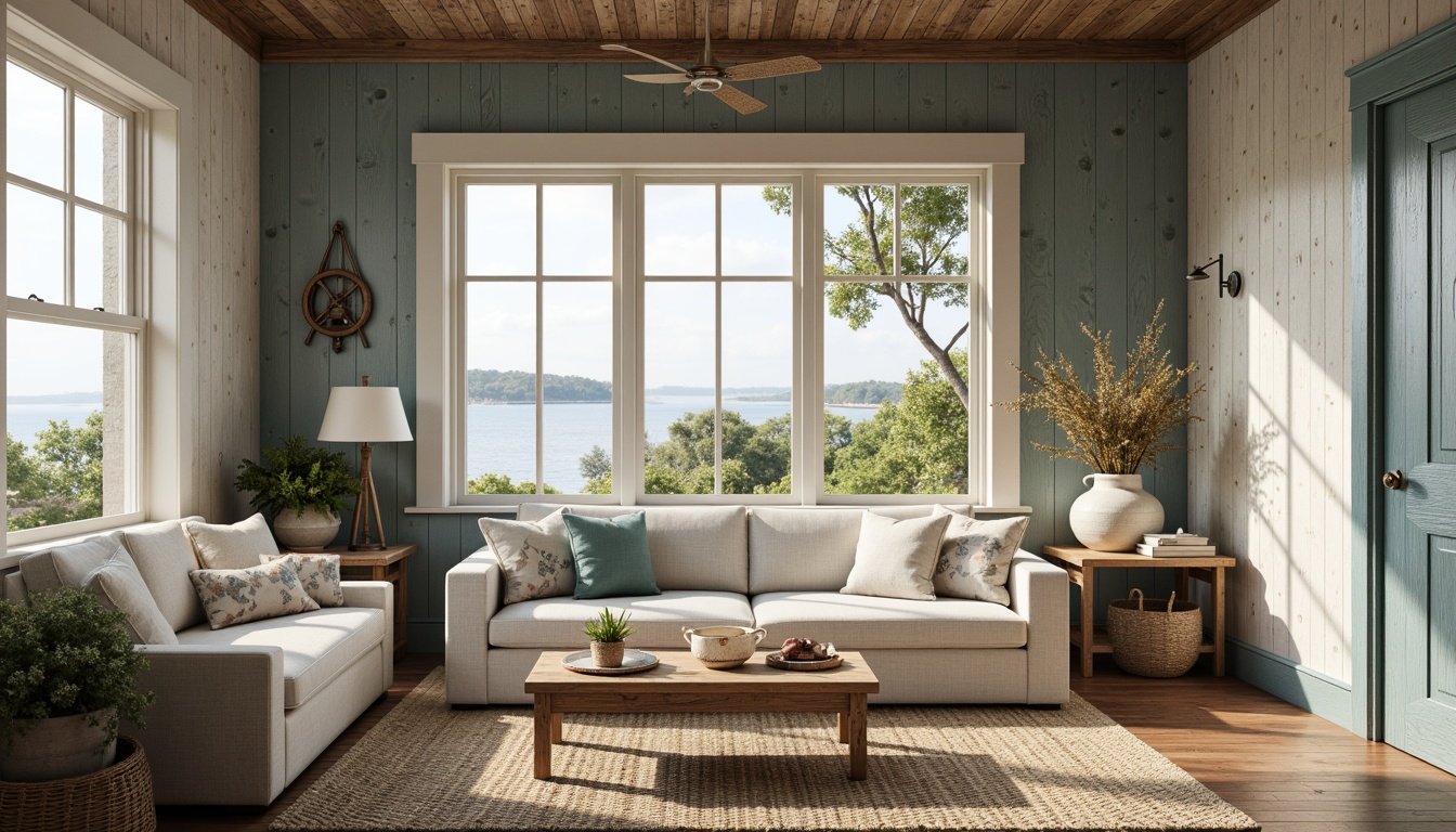 Prompt: Calming coastal cottage, weathered wood accents, driftwood gray walls, sea-salt white trim, ocean-inspired blue-green hues, natural linen fabrics, woven jute rugs, coral-patterned ceramics, distressed nautical decor, vintage marine instruments, soft golden lighting, airy atmosphere, 1/1 composition, warm shallow focus, realistic textures.