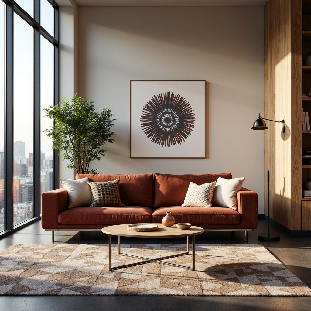 Prompt: Minimalist living room, sleek low-profile sofa, polished chrome legs, velvety soft cushions, geometric patterned rug, modern abstract artwork, floor-to-ceiling windows, natural light pouring in, urban cityscape view, minimalist coffee table, metallic accents, ambient warm lighting, 1/1 composition, shallow depth of field, realistic textures, Scandinavian-inspired design, sustainable eco-friendly materials, bold colorful accent walls.