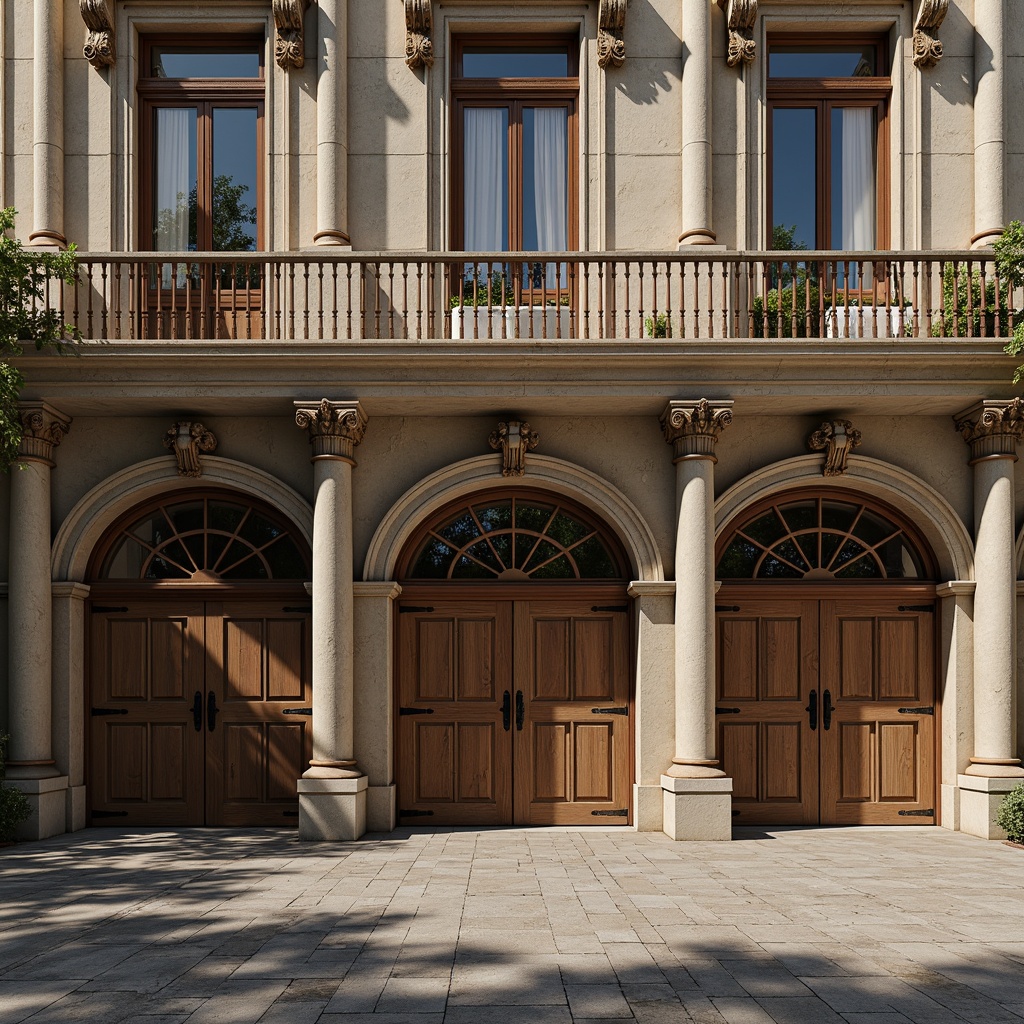 Prompt: Ornate garage facade, grandiose columns, carved stone details, symmetrical composition, balanced proportions, classic pediments, ornamental moldings, rusticated quoins, arched windows, wooden carriage doors, vintage hardware, distressed finishes, earthy color palette, natural stone flooring, decorative lanterns, soft warm lighting, shallow depth of field, 2/3 composition, realistic textures, ambient occlusion.