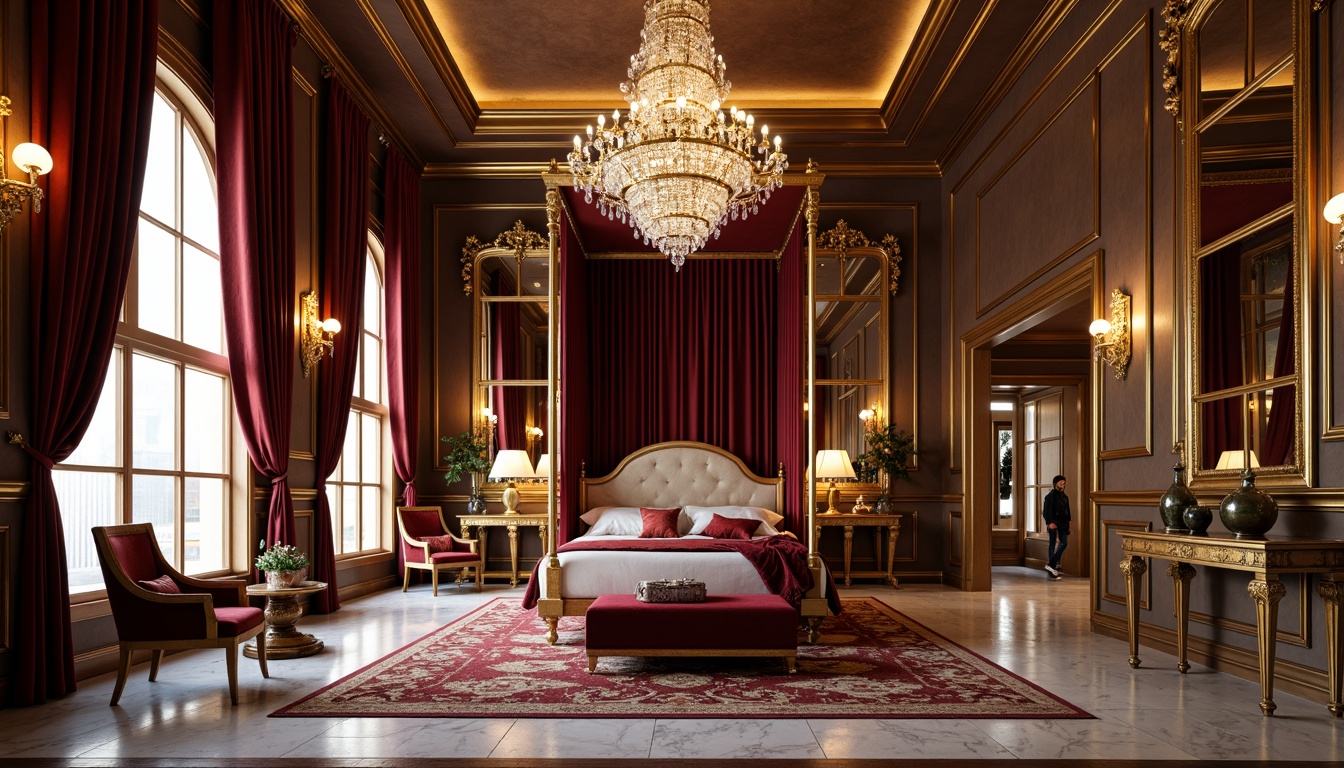 Prompt: Ornate gold frames, luxurious velvet upholstery, intricately carved wooden legs, lavish crystal chandeliers, richly patterned rugs, opulent marble floors, grandiose mirrors, heavily draped curtains, majestic four-poster beds, gilded accents, ornamental vases, elegant console tables, stately armchairs, plush ottomans, aristocratic desk lamps, refined wooden paneling, sophisticated wall sconces, dramatic floor-to-ceiling drapes, warm golden lighting, high-contrast color scheme, lavish fabric textures, 3D ornamentation.