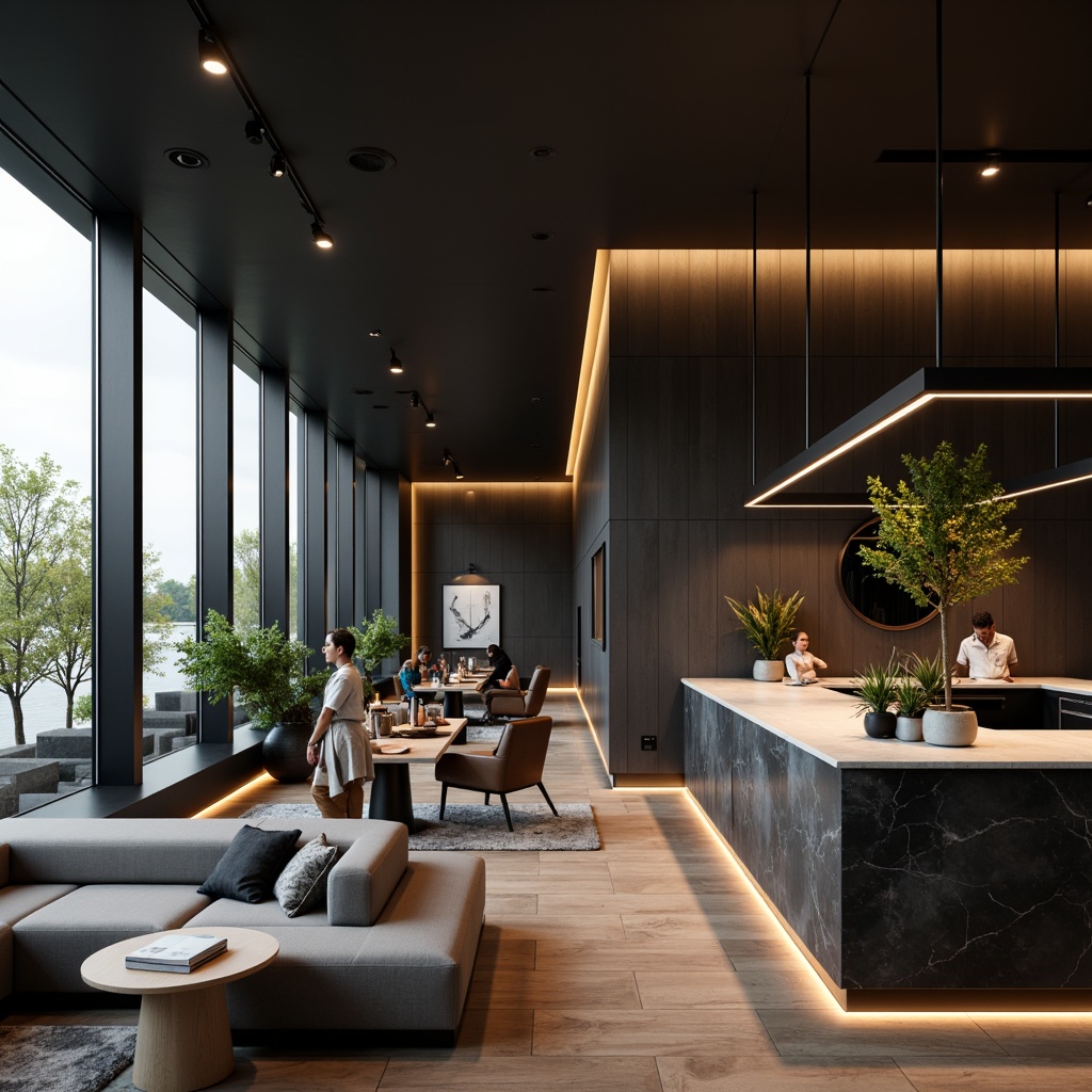 Prompt: Modern minimalist interior, sleek lines, matte black fixtures, warm ambient glow, softbox lighting, LED strip accents, polished chrome details, luxurious textiles, marble countertops, wooden floors, floor-to-ceiling windows, natural daylight, subtle color palette, 1/2 composition, shallow depth of field, cinematic atmosphere, realistic reflections, advanced global illumination.