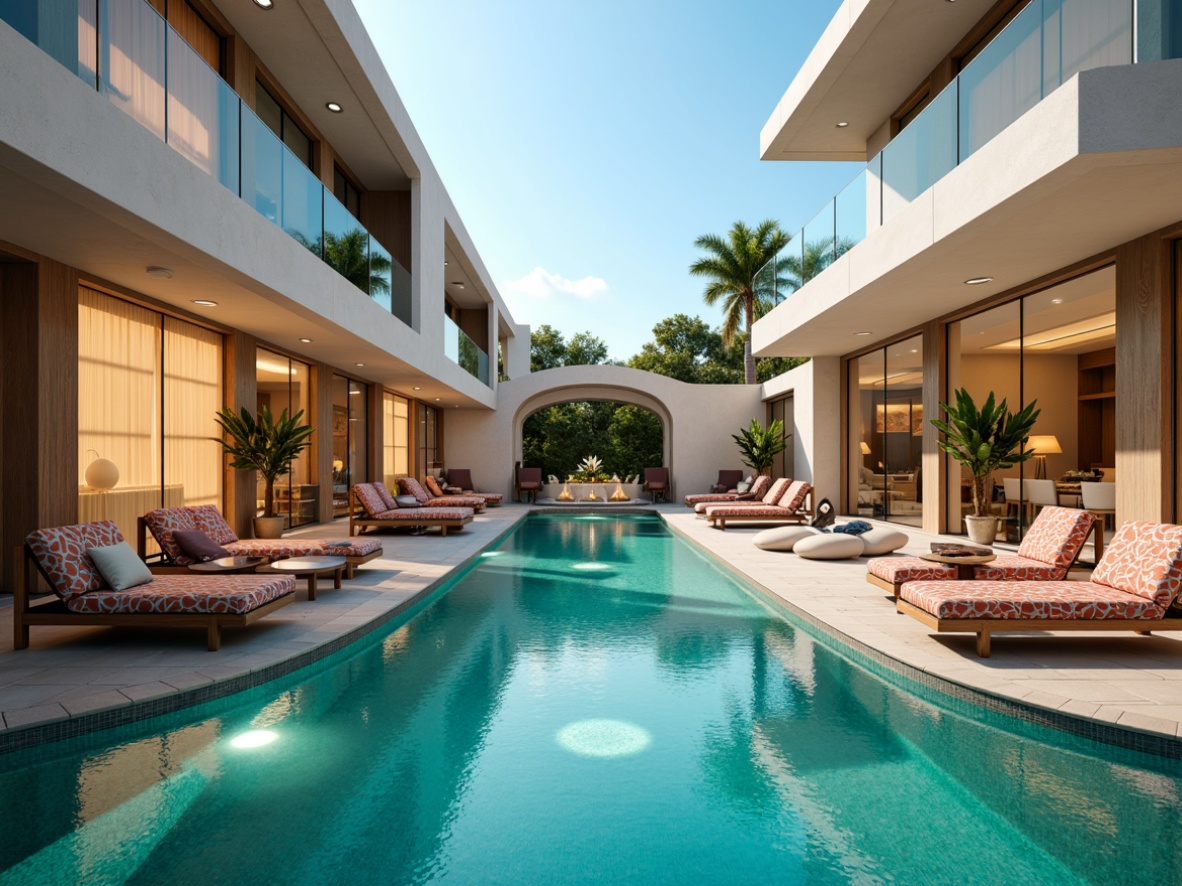 Prompt: Luxurious poolside lounge, sleek modern architecture, streamlined curves, vibrant turquoise water, sun-kissed deck, comfortable outdoor furniture, plush throw pillows, patterned textiles, geometric motifs, bold color blocking, natural stone flooring, glass railings, minimalist decor, ambient lighting, shallow depth of field, 1/1 composition, soft warm glow, realistic reflections.