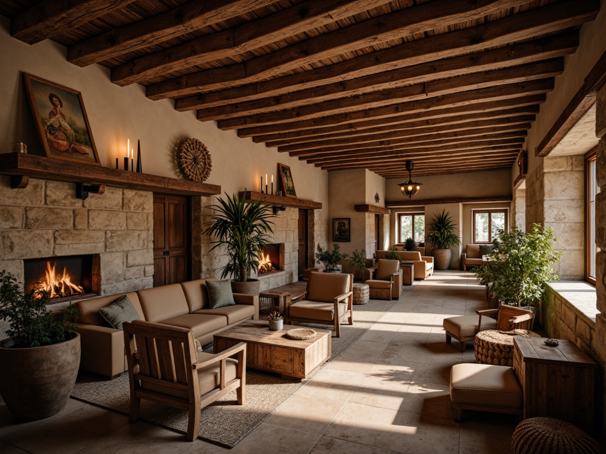 Prompt: Rustic hotel lobby, wooden accents, stone walls, vintage furniture, distressed finishes, earthy tones, natural textiles, woven baskets, antique decorations, candle lighting, warm cozy atmosphere, fireplaces, exposed beams, wooden ceiling, earthy scents, soft warm lighting, shallow depth of field, 1/1 composition, intimate framing, realistic textures, ambient occlusion.