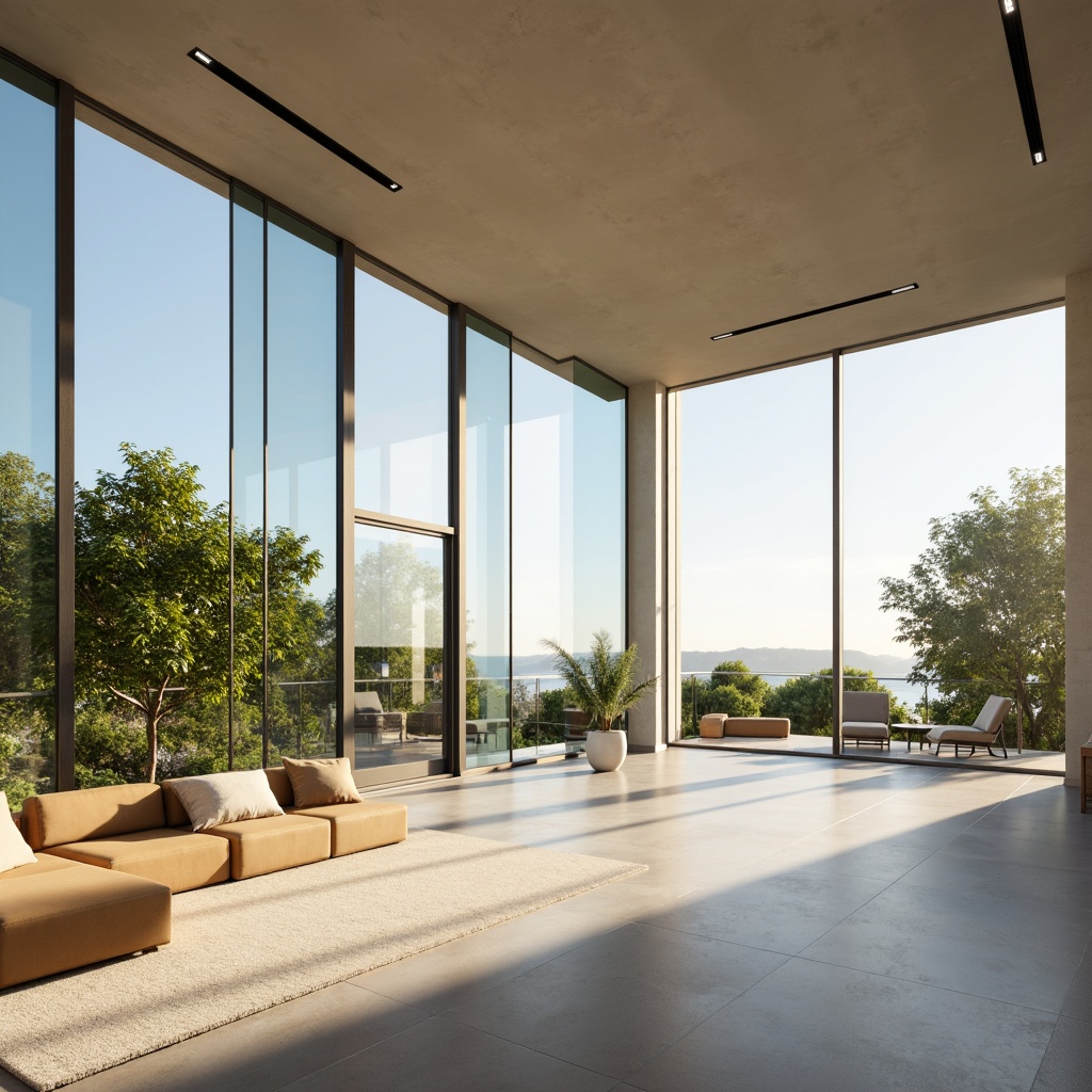 Prompt: Spacious great room, floor-to-ceiling windows, sliding glass doors, minimalist window frames, bright natural light, warm sunbeams, soft shadows, light-colored walls, reflective flooring, open-plan layout, airy atmosphere, modern interior design, sleek furniture, greenery views, outdoor connection, panoramic vistas, shallow depth of field, 1/1 composition, realistic textures, ambient occlusion.