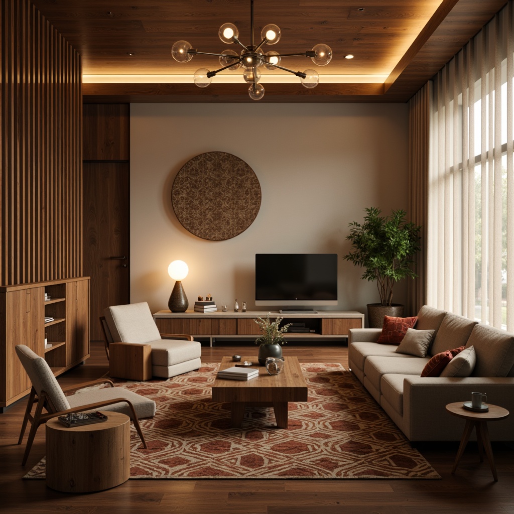 Prompt: Mid-century modern living room, warm ambient lighting, sleek metal fixtures, minimalist lamp designs, spherical glass shades, walnut wood accents, geometric patterned rugs, retro-inspired furniture, vintage decorative accessories, natural textiles, earthy color palette, softbox lighting effects, 1/1 composition, realistic renderings, detailed textures, shallow depth of field.