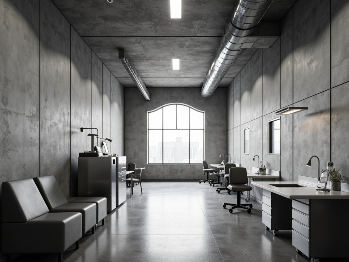 Prompt: Monochromatic clinic interior, raw concrete walls, exposed ductwork, industrial lighting fixtures, minimalist furniture, clean lines, brutalist architecture, functional medical equipment, stainless steel surfaces, sterile atmosphere, high ceilings, natural light pouring in, subtle shadows, 1/1 composition, cinematic lighting, realistic textures, ambient occlusion.