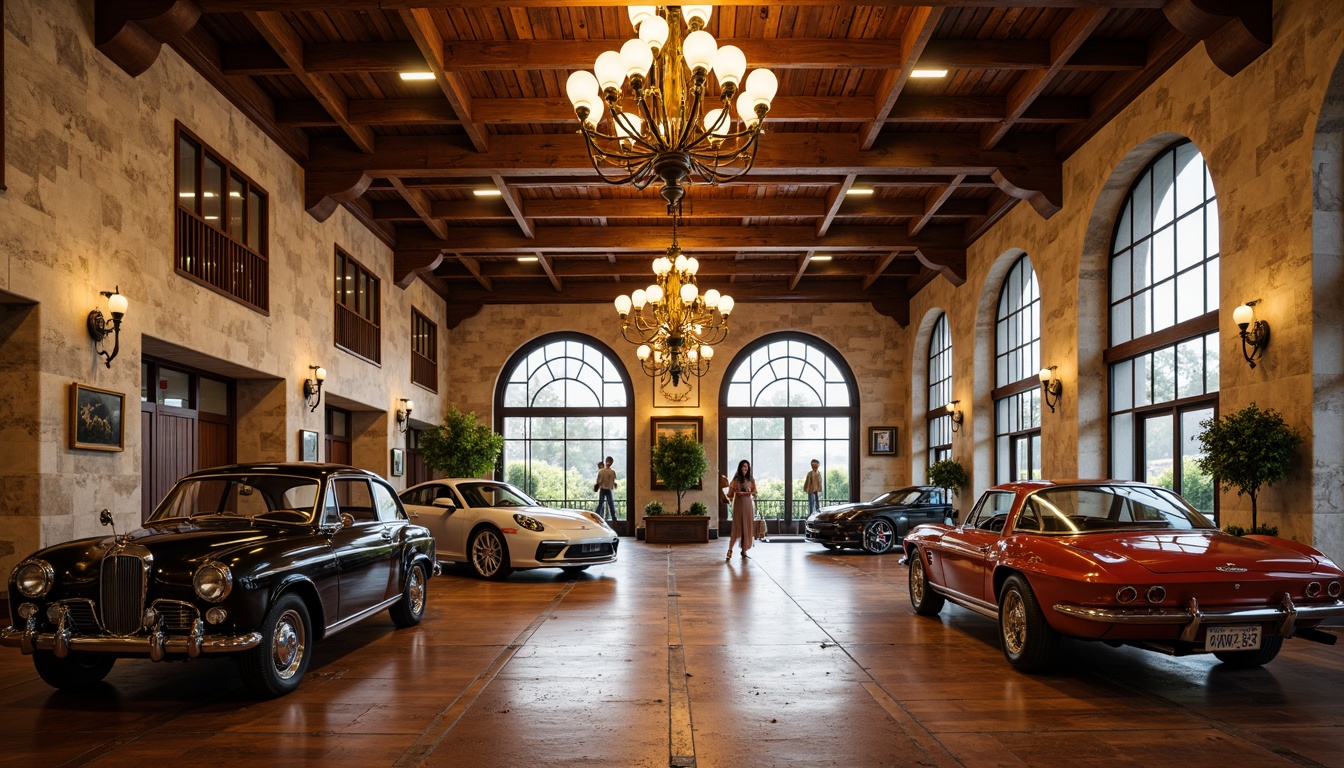 Prompt: Elegant garage interior, classicism style, rustic wooden flooring, warm earthy tones, natural stone walls, vintage car displays, polished metal accents, rich leather textures, ornate ceiling details, grand chandelier lighting, soft warm glow, shallow depth of field, 3/4 composition, realistic wood grain, ambient occlusion.