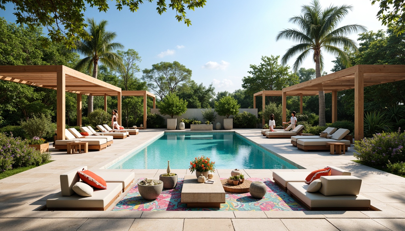 Prompt: Luxurious poolside lounge area, sleek modern pool design, turquoise water, sun-kissed deck, comfortable outdoor furniture, vibrant colorful textiles, striped umbrellas, plush throw pillows, geometric patterned rugs, metallic accents, minimalist landscaping, lush greenery, palm trees, warm sunny day, soft natural lighting, shallow depth of field, 1/1 composition, realistic textures, ambient occlusion.