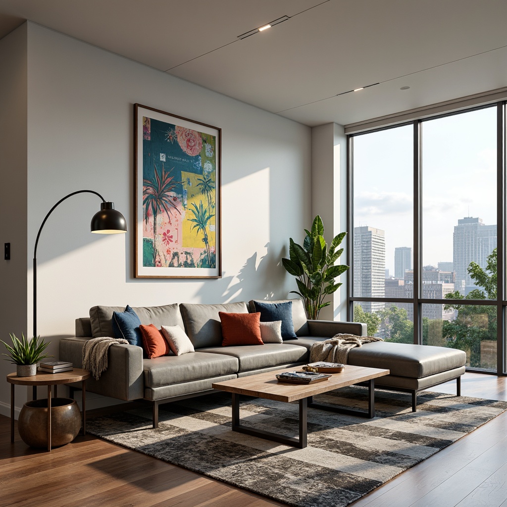 Prompt: Modern living room, sleek lines, minimalist decor, neutral color palette, comfortable sectional sofa, geometric-patterned rug, industrial-style coffee table, metallic accents, floor-to-ceiling windows, natural light, cityscape view, urban feel, abstract artwork, vibrant pops of color, textured throw pillows, greenery, potted plants, warm ambient lighting, 1/1 composition, shallow depth of field, realistic textures.