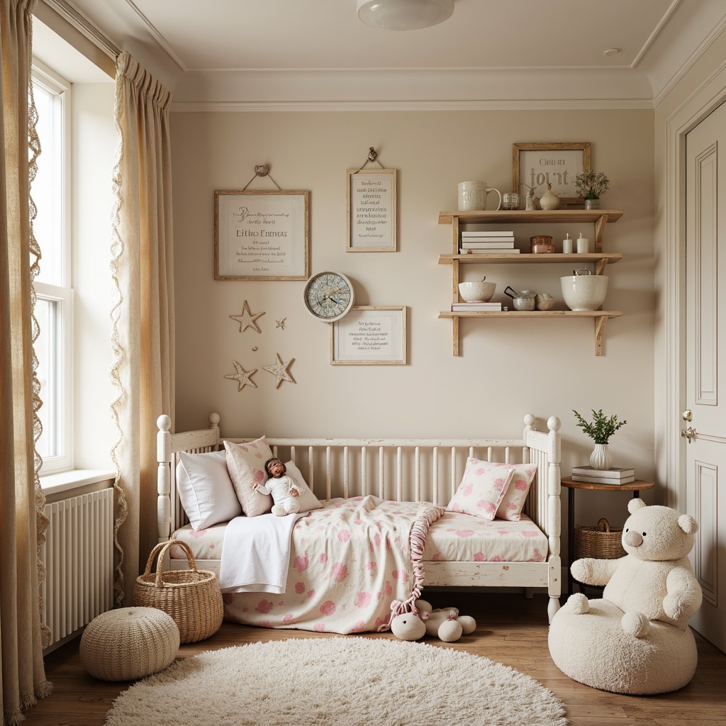 Prompt: Whimsical kid's room, soft pastel colors, distressed wood furniture, vintage accessories, floral patterns, ruffled curtains, lace trim, natural fabrics, creamy whites, warm beige walls, rustic wooden shelves, antique decorative items, playful wall decals, inspirational quotes, tender lighting, cozy reading nook, plush area rug, sweet feminine touches, gentle color palette, romantic soft furnishings.