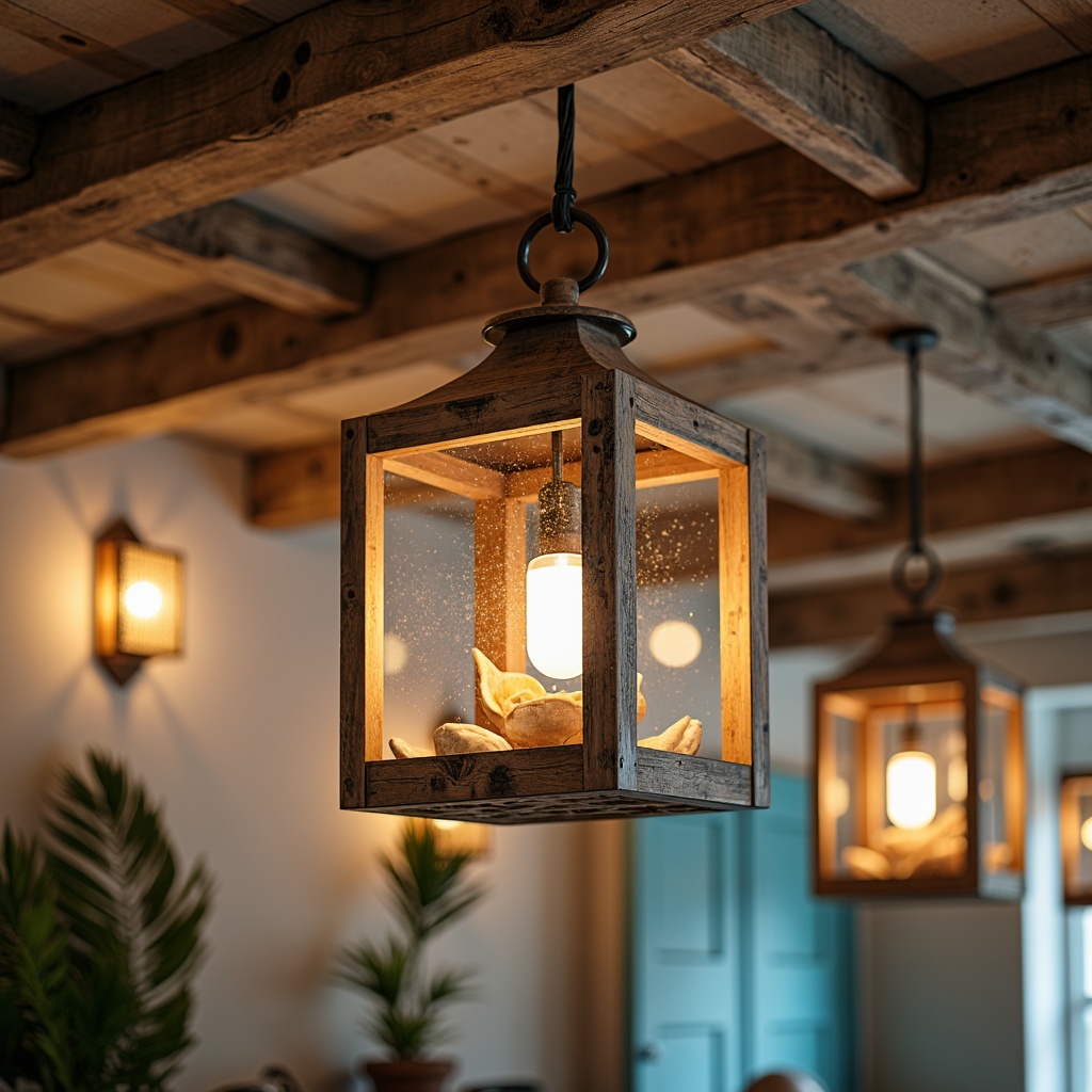 Prompt: Rustic wooden lanterns, distressed metal fixtures, nautical rope details, weathered copper accents, soft warm glow, coastal-inspired pendant lights, driftwood-finished sconces, shell-adorned chandeliers, ocean-blue glass shades, natural linen textures, woven rattan shades, beachy vibe, relaxed ambiance, subtle warm lighting, 1/1 composition, shallow depth of field, realistic reflections.