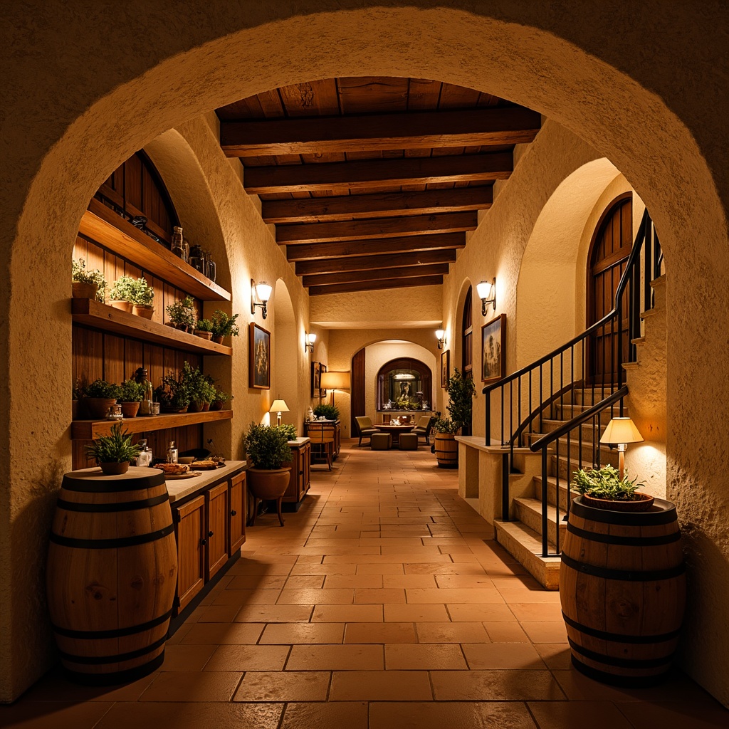 Prompt: Warm ambient lighting, rustic stone walls, wooden barrel shelves, dimmed floor lamps, soft golden glow, warm beige tones, cozy intimate atmosphere, arched doorways, curved staircases, natural wood accents, earthy terracotta floors, Mediterranean-inspired decor, vintage wine barrels, ornate metalwork, subtle shadowing, dramatic spotlights, 1/1 composition, shallow depth of field, realistic textures, ambient occlusion.