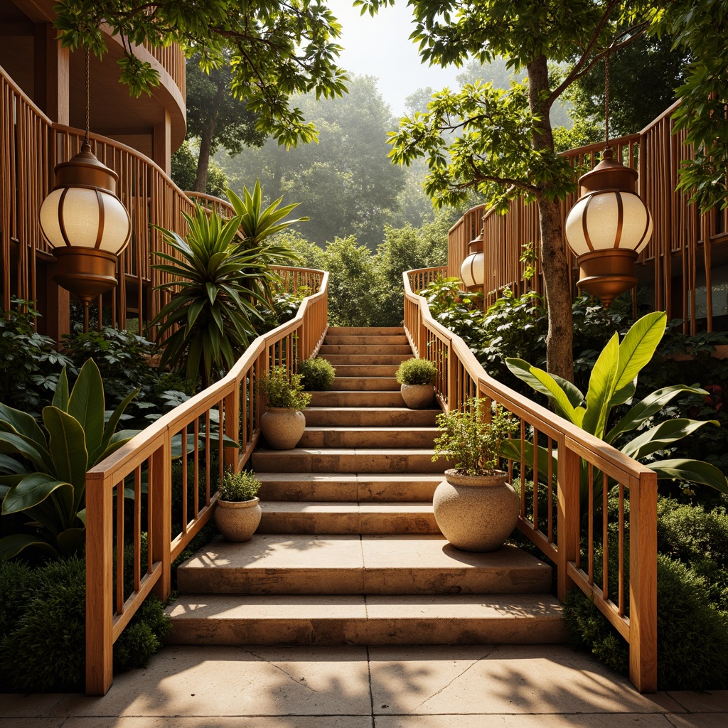 Prompt: \Tropical staircase, warm golden lighting, soft glow, pendant lanterns, natural fiber textiles, woven rattan railings, exotic wood tones, lush greenery, potted plants, ascending stairs, curved lines, open risers, coastal vibe, ocean breeze, sunny day, warm white LED lights, subtle shadows, 1/2 composition, realistic render, ambient occlusion.\Let me know if this meets your requirements!