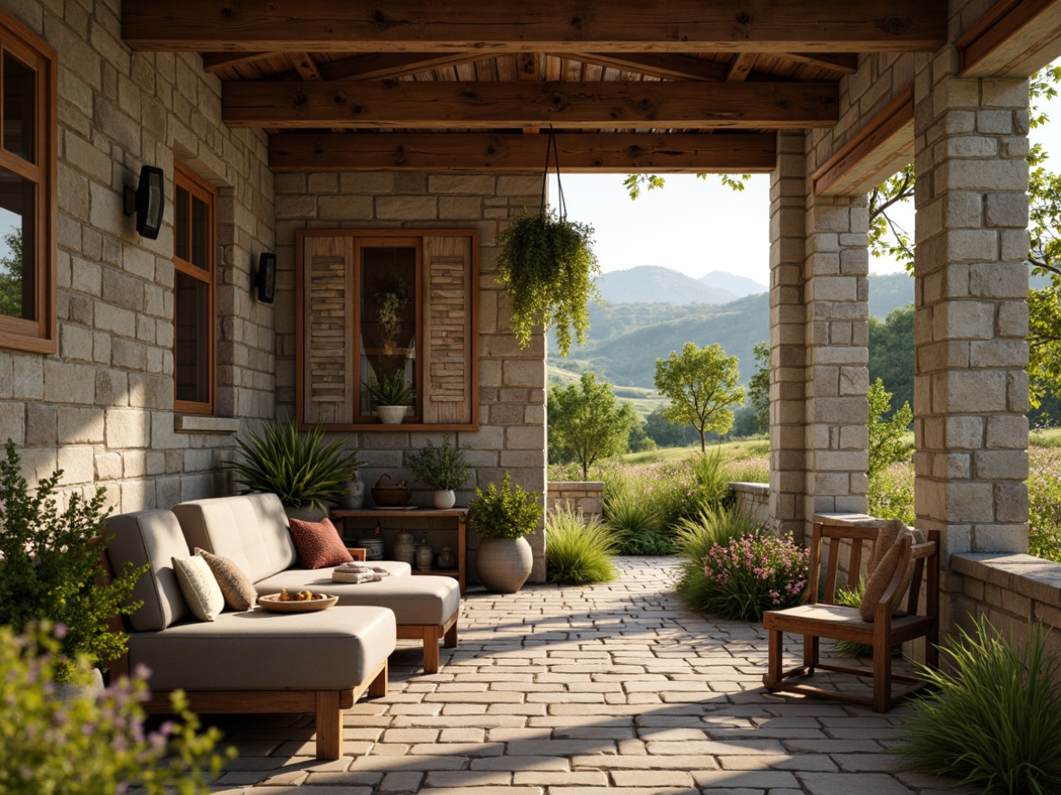 Prompt: Rustic farmhouse, natural materials, reclaimed wood, stone walls, earthy tones, organic textures, vintage metal accents, distressed finishes, cozy atmosphere, warm lighting, soft shadows, shallow depth of field, 1/1 composition, realistic rendering, ambient occlusion, serene countryside, rolling hills, lush greenery, wildflowers, sunny afternoon, soft breeze.