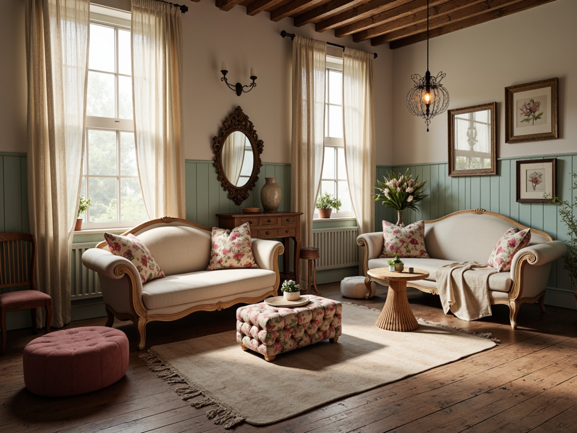 Prompt: Vintage-inspired interior, distressed wood furniture, soft pastel colors, lace curtains, floral patterns, ruffled fabrics, ornate mirrors, antique decorative items, plush area rugs, tufted ottomans, velvet pillows, linen drapes, rustic wooden floors, warm candlelight, cozy atmosphere, 1/1 composition, shallow depth of field, natural textures, soft focus, warm color palette.