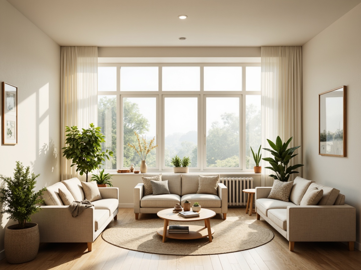 Prompt: Airy living room, large windows, soft natural light, creamy white walls, minimal decor, wooden flooring, comfortable sofas, greenery accents, potted plants, sheer curtains, warm beige tones, relaxed ambiance, shallow depth of field, 1/1 composition, gentle morning light, subtle shadows, realistic textures, ambient occlusion.