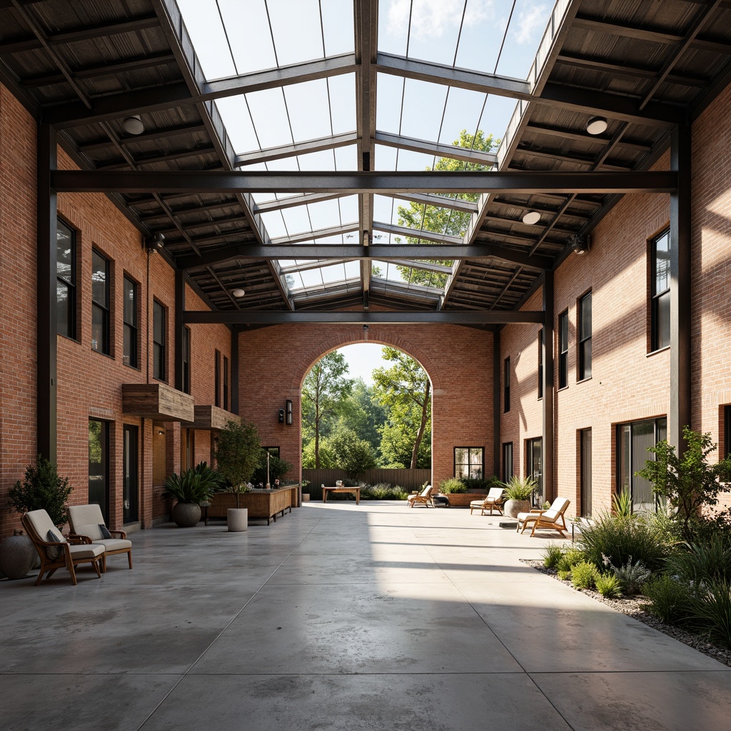 Prompt: Industrial warehouse interior, exposed brick walls, metal beams, polished concrete floors, abundant natural light, skylights, clerestory windows, transparent roof panels, minimalist decor, reclaimed wood accents, industrial chic aesthetic, warm earthy tones, soft diffused lighting, 1/1 composition, shallow depth of field, realistic textures, ambient occlusion.