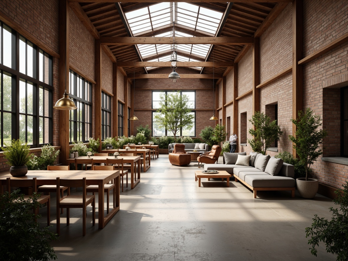 Prompt: Industrial warehouse interior, exposed brick walls, polished concrete floors, wooden beams, metal trusses, minimalist decor, abundant natural light, clerestory windows, skylights, transparent roofing, diffused softbox lighting, warm ambient atmosphere, rustic textures, earthy color palette, open space layout, flexible modular furniture, reclaimed wood accents, hanging greenery, airy feel, shallow depth of field, 1/1 composition, realistic reflections, subtle lens flares.