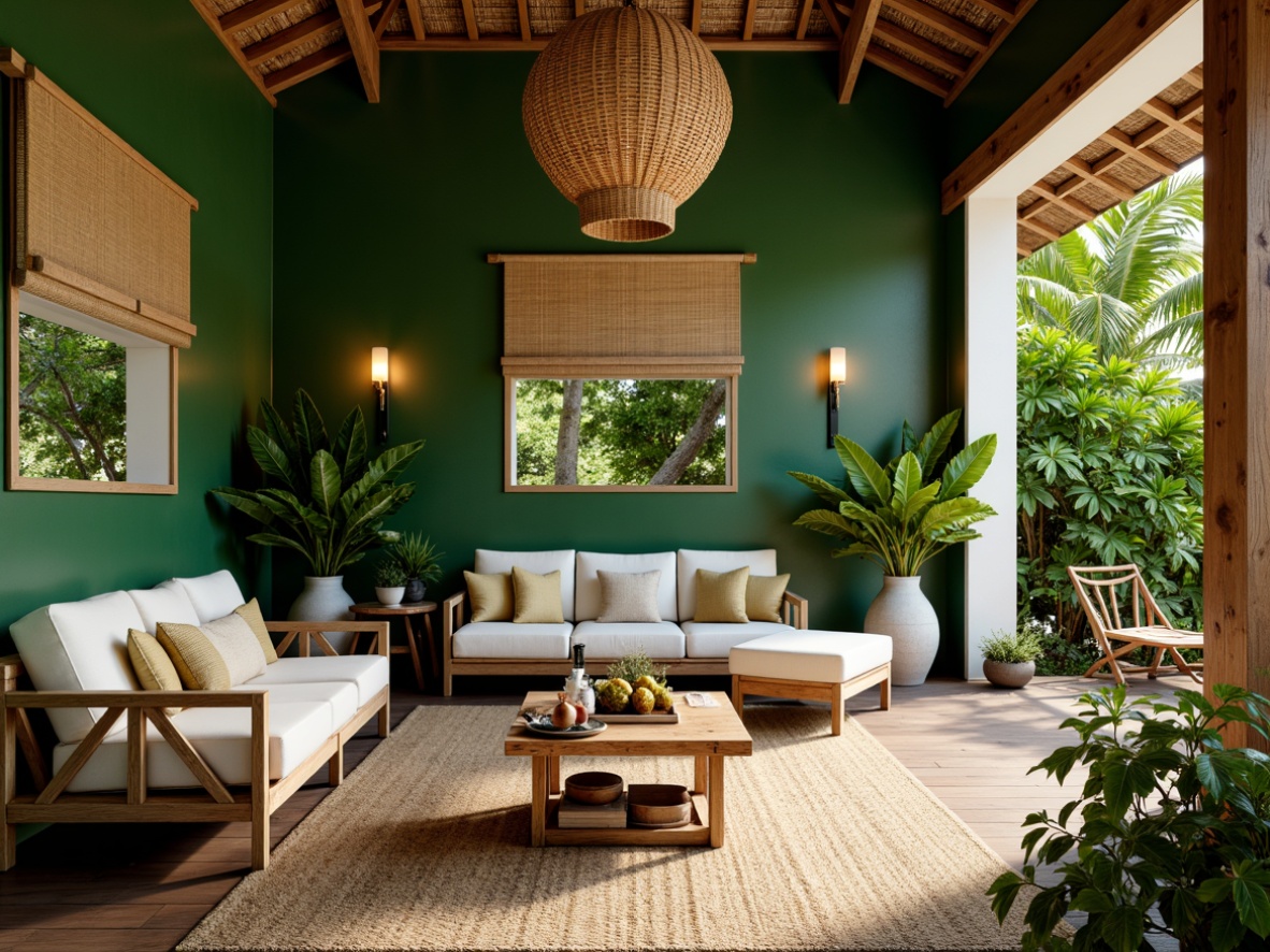 Prompt: Tropical villa, lush green walls, exotic plants, rattan furniture, natural fiber textiles, woven bamboo shades, warm white lighting, pendant lanterns, wicker chandeliers, distressed wood accents, vintage metal sconces, nautical ropes, jute rugs, earthy color palette, warm sunny day, soft diffused light, shallow depth of field, 1/1 composition, realistic textures, ambient occlusion.