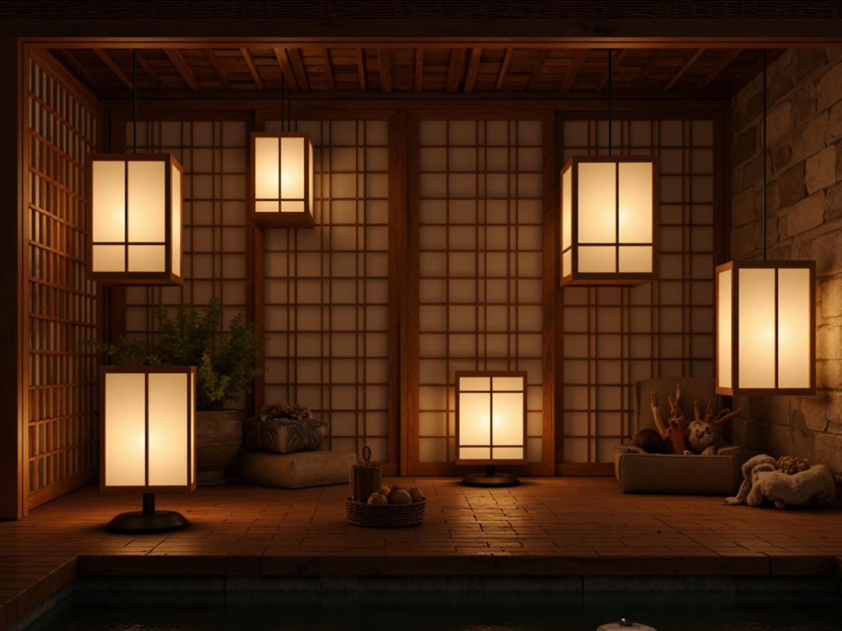 Prompt: Traditional Japanese lanterns, warm softbox lighting, paper lanterns, natural diffused light, rice paper screens, sliding doors, shoji screens, bamboo blinds, minimal ornamentation, subtle color palette, earthy tones, natural materials, woven fibers, wood accents, stone walls, water features, serene ambiance, low-key illumination, warm glow, cozy atmosphere, 1/2 composition, soft focus, gentle bokeh.