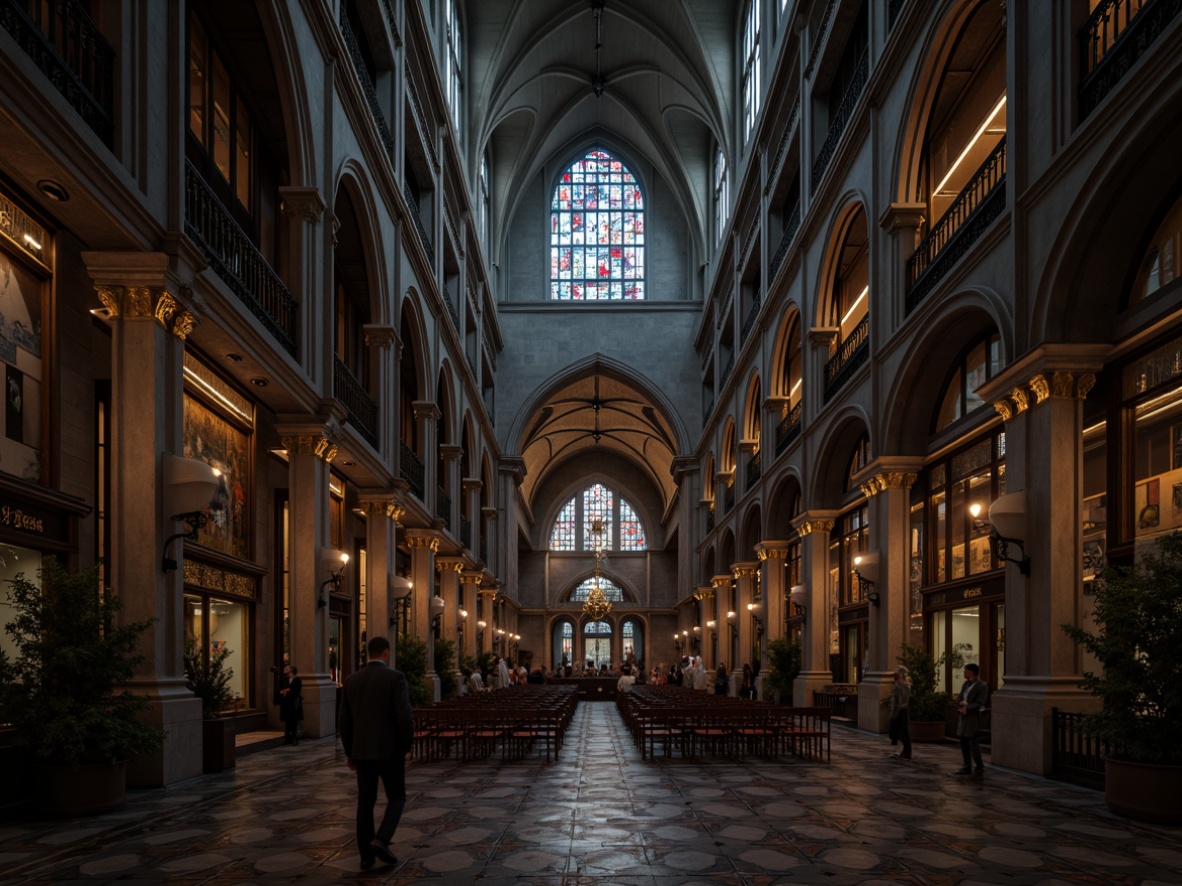 Prompt: Intricate stone carvings, grandiose arches, ribbed vaults, flying buttresses, ornate gargoyles, pointed spires, stained glass windows, vibrant colored tiles, mysterious ambiance, dim warm lighting, dramatic shadows, 3/4 composition, symmetrical framing, rich textures, ambient occlusion.