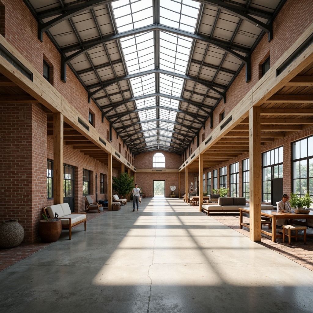 Prompt: Industrial warehouse interior, exposed brick walls, metal beams, polished concrete floors, abundant natural light, large skylights, clerestory windows, transparent roofing, minimal obstruction, open floor plan, functional decor, reclaimed wood accents, industrial chic aesthetic, warm beige tones, soft diffuse lighting, 1/1 composition, shallow depth of field, realistic textures, ambient occlusion.